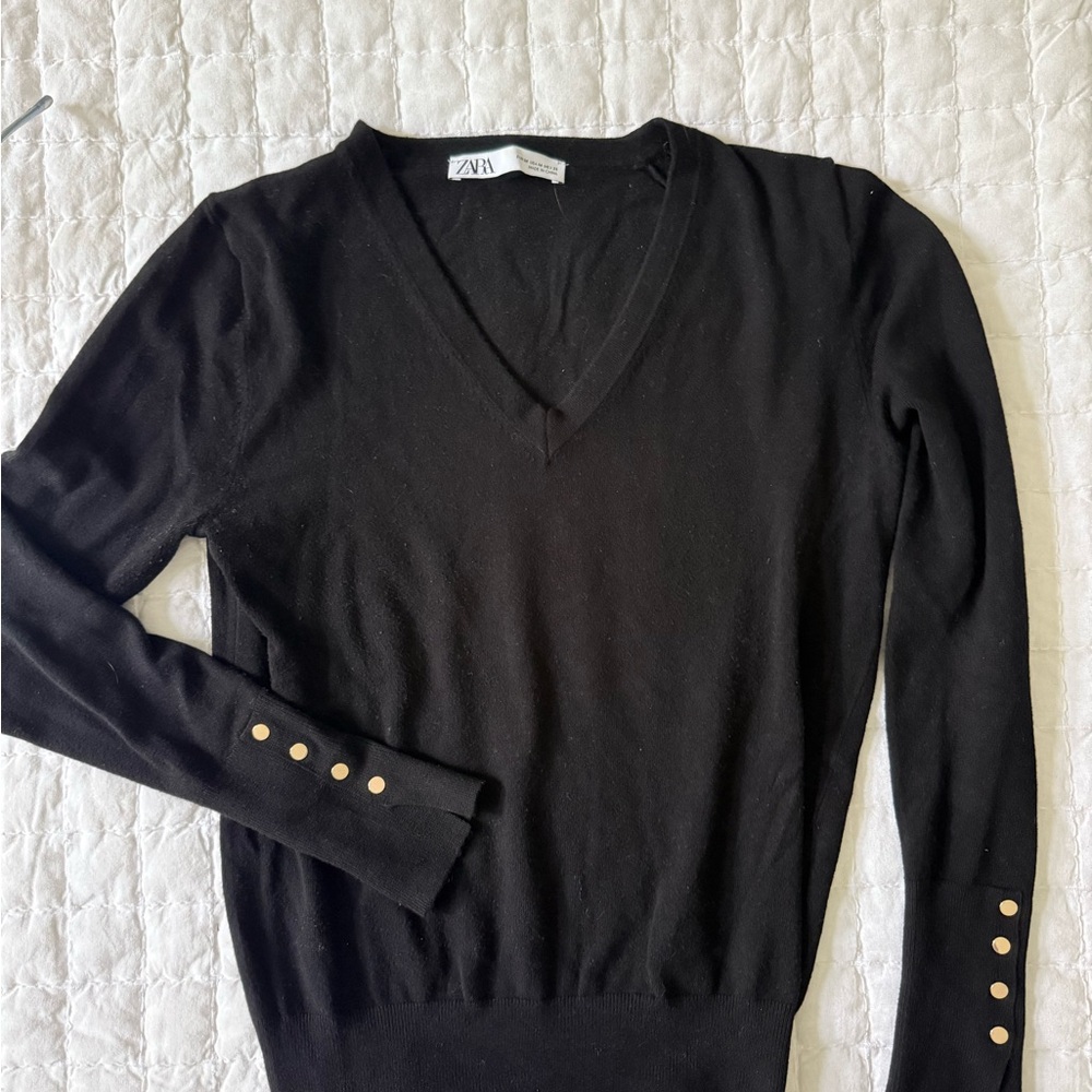 Zara Women's Black V-Neck Sweater with Gold Sleeve Accents